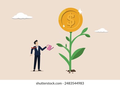 Financial and investment growth, increase earning profit, success in wealth management concept, smart businessman investor watering growing money plant seedling with coin flower.