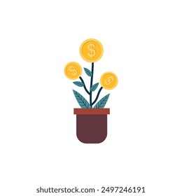 Financial or investment growth, increase earning profit and capital gain. Plant in pot growing coin isolated on white background . Vector illustration 