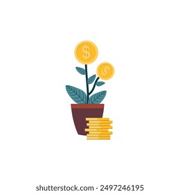 Financial or investment growth, increase earning profit and capital gain. Plant in pot growing coin isolated on white background . Vector illustration 
