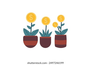 Financial or investment growth, increase earning profit and capital gain. Plant in pot growing coin isolated on white background . Vector illustration 