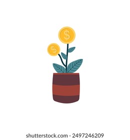 Financial or investment growth, increase earning profit and capital gain. Plant in pot growing coin isolated on white background . Vector illustration 