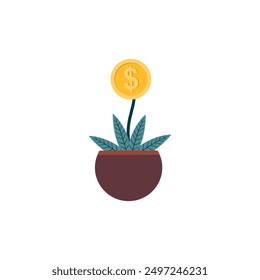 Financial or investment growth, increase earning profit and capital gain. Plant in pot growing coin isolated on white background . Vector illustration 