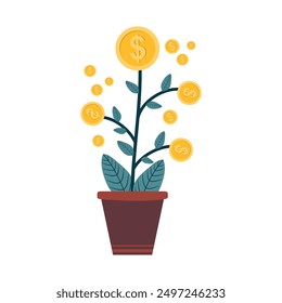 Financial or investment growth, increase earning profit and capital gain. Plant in pot growing coin isolated on white background . Vector illustration 