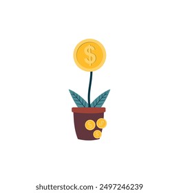 Financial or investment growth, increase earning profit and capital gain. Plant in pot growing coin isolated on white background . Vector illustration 