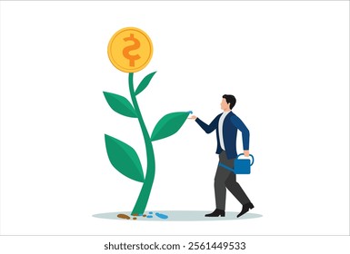 Financial or investment growth, increase earning profit and capital gain, success in wealth management concept, smart businessman investor finish watering growing money plant seedling with coin flower