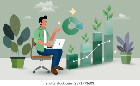 Financial and investment growth. Investor watering growing money plant seedling with coin. increase earning profit. success in wealth management. banking income business. Vector illustration flat.