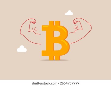 Financial and investment growth. Sign Bitcoin money doing strong gesture. Money power. High esteem. Flat vector illustration