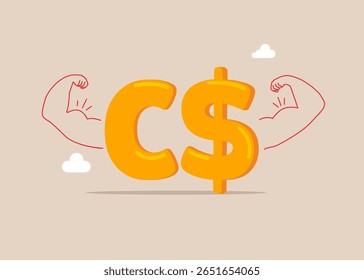 Crescimento financeiro e de investimento. Assine o dinheiro do Dólar Canadense fazendo um gesto forte. Poder monetário. Alta estima. Ilustração de vetor plano