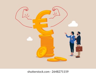 Crescimento financeiro e de investimento. Assinar Euro dinheiro fazendo um gesto forte. Poder monetário. Alta estima. Ilustração de vetor plano