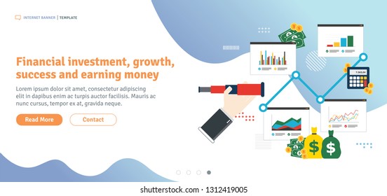 Financial investment, growth,  success and earning money. Business prediction and vision concept. Hand with lunette analyzing investment charts. Flat design web banner vector illustration.
