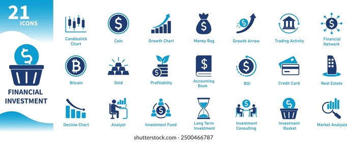 Financial investment icon. Set of business, stock, finance, money, banking, profit icons. Solid vector icons.