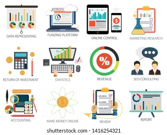 Financial Investment Icons, Make Money Online, Financial Statistics Icon, Marketing And Research Icons, Money & Funding Icons, Financial Report - Review Revenue