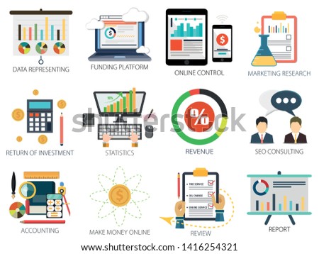 Financial Investment Icons, Make Money Online, Financial Statistics icon, Marketing and Research Icons, Money & Funding Icons, Financial Report - Review Revenue