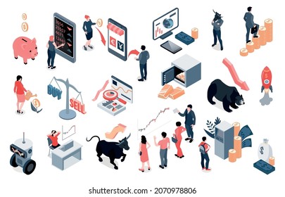 Financial investment isometric set with stock exchange bull bear symbols data analysis buying selling decisions vector illustration