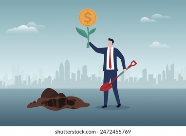 Financial or investment opportunity, increase earning profit, success in wealth management concept, businessman digging up a money plant with coin flower.