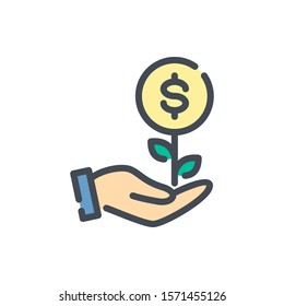 Financial Investment And Profit Color Line Icon. Money Plant Growth With Hand Vector Outline Colorful Sign.