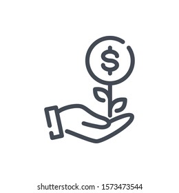 Financial Investment And Profit Line Icon. Money Plant Growth With Hand Vector Outline Sign.