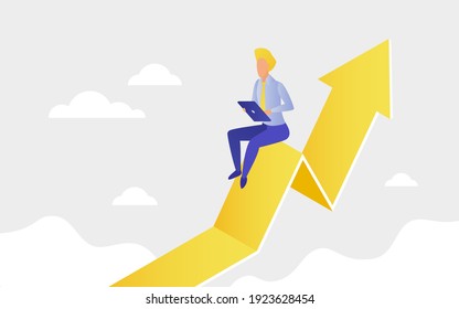 Financial investment, savings and business profit growth isometric vector illustration. Cartoon businessman sitting on arrow up chart with smartphone, tablet, finance data diagram analysis background