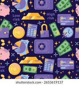 Financial investment and savings seamless pattern concept with piggy bank, credit cards, gold bars, cash, pie chart and safe. Flat vector illustration Budgeting and money management concept
