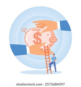 Financial investment for self-development. Financial savings security with piggy bank and hand. Investing money in self-development concept. Flat vector illustration.