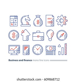 Financial investment strategy and management concept, finance planning logo, business start up money, pension plan, retire savings, superannuation, insurance mono line vector illustration