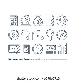 Financial investment strategy and management concept, finance planning logo, business start up money, pension plan, retire savings, superannuation, insurance mono line vector illustration