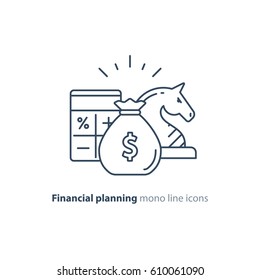 Financial investment strategy, management concept, finance planning logo, business start up money, mono line vector illustration