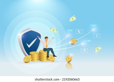 Financial investment success and business growth profit. Businessman sit on stack of gold coins with growth graph from secure financial investment. 