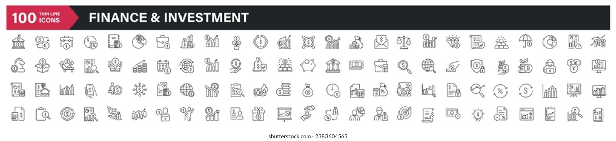 Financial and investment thin line icons. For website marketing design, logo, app, template, ui, etc. Vector illustration.