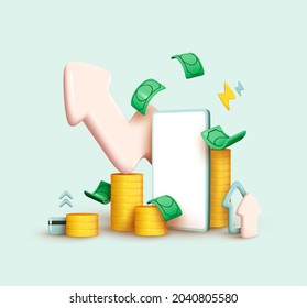 Financial investment trade. Creative concept of market movement. Bank deposit, profit finance Manage money through your mobile phone, applications. Investment Cryptocurrency trend trading. 3D Vector