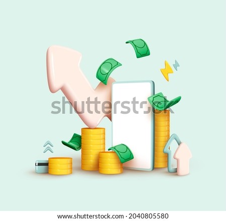 Financial investment trade. Creative concept of market movement. Bank deposit, profit finance Manage money through your mobile phone, applications. Investment Cryptocurrency trend trading. 3D Vector