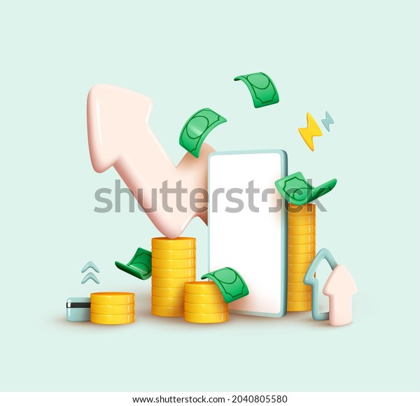 Financial investment trade. Creative concept of
market movement. Bank deposit, profit finance Manage money through
your mobile phone, applications. Investment Cryptocurrency trend
trading. 3D Vector
