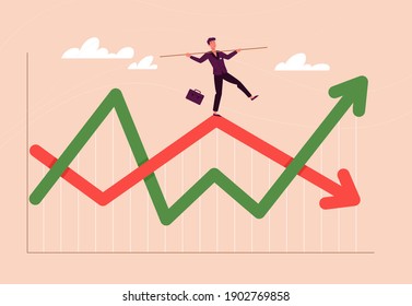 Financial investment volatility, up and down arrows profit graph due to Coronavirus crisis, businessman trying to balance like a tightrope walker so that volatility does not gobble up his investments svg