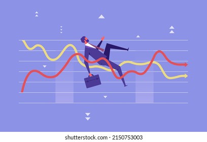 Financial Investment Volatility, Uncertainty Or Change In Business And Stock Market Concept, Businessman Investor Fall On Uncertainty, Volatile Up And Down Arrow Profit Graph