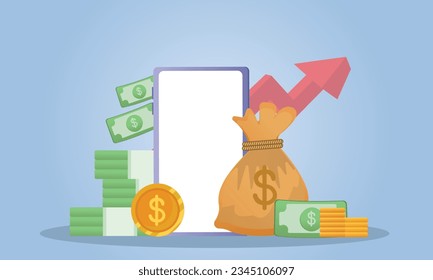 Financial investment.Bank deposit, profit finance Manage money through your mobile phone, applications.on blue background.Vector Design Illustration.