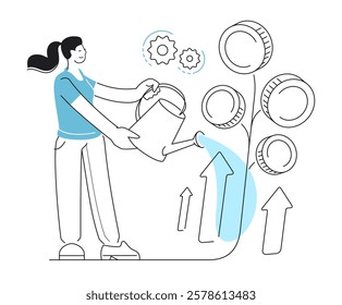 Financial investments. Business growth concept. Businesswoman holding watering can to water money tree