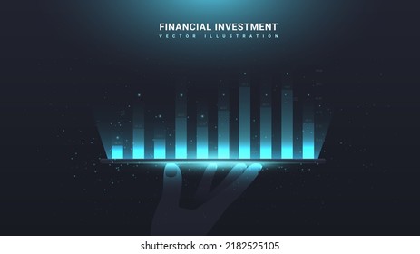 Financial investments concept. Hand holds graphs and charts. Work with statistics, analytical department. Investment valuation, financial literacy and passive income. Cartoon flat vector illustration