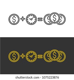 Financial investments concept. Line style illustration of money coins and time clock.
