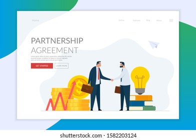 Financial Investments in creative projects. Handshake of two businessman. Vector illustration. Landing page templates.
