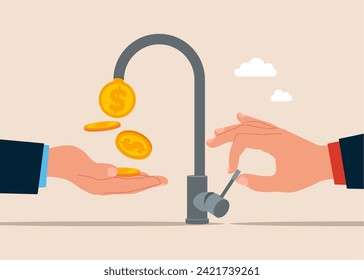 Financial investments. Dollar coins out of the tap, passive Income. Flat vector illustration  