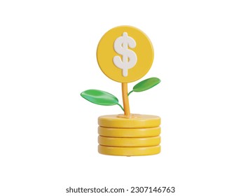 Financial investments future income growth concept with dollar coin stacks and plant saving money icon illustration