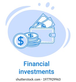 The Financial Investments icon.Electronic bank, digital exchange evaluation of the profitability of assets.Vector illustration of a thin line icon on a blue background.