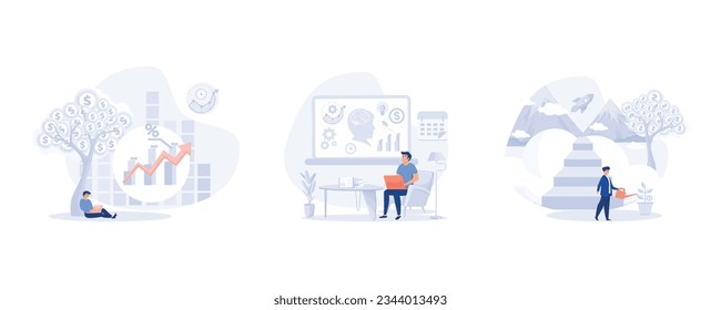 Financial investments, marketing, analysis, Financial investments marketing analysis. Financial consultant leaning on a stack of coins smiles friendly, set flat modern vector illustration