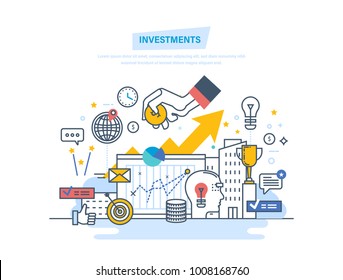 Financial investments, marketing, analysis, security of deposits, guarantee of security financial savings and money turnover. Investment in innovation. Illustration thin line design of vector doodles.