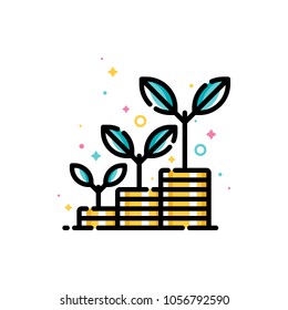 Financial investments or money savings concept with stacks of coins with plants growing up. Flat filled outline style icon. Pixel perfect. Editable stroke. Size 72x72 pixels
