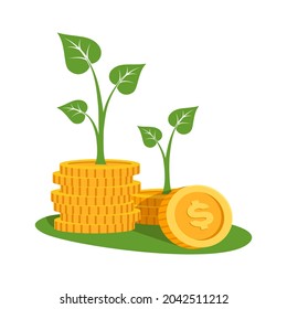 Inversión financiera o concepto de ahorro de dinero con pilas de monedas con plantas creciendo. Icono de estilo de esquema relleno plano. Pixel perfecto. Trazo editable.