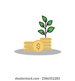 Financial investments or money savings concept with stacks of coins with plants growing up.