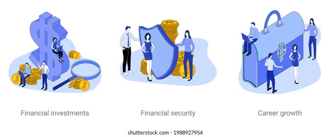 Financial investments, financial protection,career growth.A set of vector illustrations on a business theme.Abstract isometric illustrations in blue.