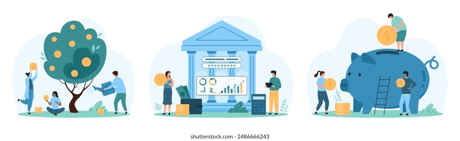 Financial investments and savings management set. Tiny people save money and grow coins tree, calculate expenses and income in family budget using banks mobile app cartoon vector illustration