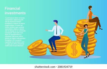 Financial investments.People on the background of a lot of coins .The concept of cash flows and financial control.Poster in business style.Flat vector illustration.